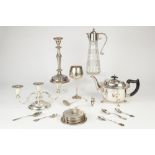 THREE PIECE ELECTROPLATED TEA SET, of plain oval form with scroll handles and paw feet, together