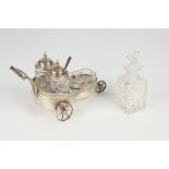 ELECTROPLATED HAND CART PATTERN NOVELTY THREE BOTTLE CRUET FRAME BY FREDERICK WILSON & Co,