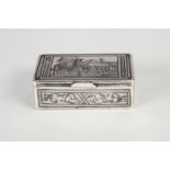 RUSSIAN SILVER COLOURED METAL SNUFF BOX with niello work decoration, the hinged lid depicting