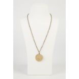 9ct GOLD CHAIN NECKLACE, 20" long, 6.5gms and 14ct gold engraved FLAT DISC PENDANT, 4.3gms