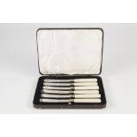 CASED SET OF SIX AFTERNOON TEA KNIVES, with ivorine handles