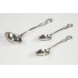 VICTORIAN SILVER SAUCE LADLE AND PAIR MATCHING TEA SPOONS the fancy scroll outline handle with