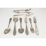 SET OF SIX FOREIGN SILVER COLOURED METAL (800 STANDARD) TABLE SPOONS, with pointed bowls and