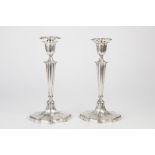 PAIR GEORGIAN STYLE WEIGHTED SILVER CANDLESTICKS of oval and tapering form with detachable scones,