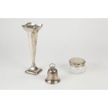 THREE PIECES OF GEORGE V AND LATER SILVER, comprising: SQUARE SECTION TRUMPET VASE, with weighted