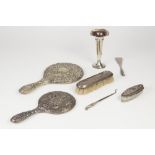 STEEL BUTTON HOOK AND MATCHING SHOE HORN with silver scroll handles, silver back hair brush (very