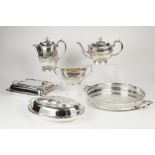 THREE ELECTRO PLATED ENTREE DISHES, A FOUR PIECE E.PB.M TEA AND COFFEE SERVICE, A CIRCULAR TRAY