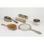 GEORGE V SIX PIECE SILVER AND TORTOISESHELL MONOGRAMMED DRESSING TABLE SET, comprising; TWO PAIRS OF