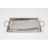 GEORGE III SILVER SMALL PLAIN OBLONG TRAY with two oval ring handles, cavetto borders and reeded