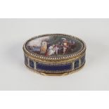 19th CENTURY FRENCH 18ct GOLD AND ENAMELLED OVAL BOX WITH HINGED LID TO THE TOP AND BASE, THE