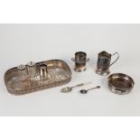 MIXED LOT OF ELECTROPLATE, to include: WINE COASTER, ROUNDED OBLONG GALLERIED TRAY, SAUCE BOTTLE