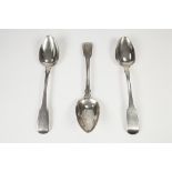 SET OF THREE GEORGE IV FIDDLE HANDLE SILVER TABLE SPOONS engraved initial 'B', makers William