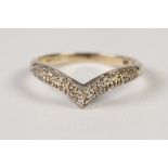 9ct GOLD RING, the 'V' shaped top set with two rows of tiny diamonds, 2gms