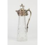 LATE 19TH CENTURY CUT GLASS AND SHEFFIELD PLATE CLARET JUG of tall tapered form the electroplate top