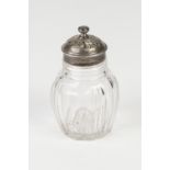 WILLIAM IV PANEL CUT GLASS OVULAR SUGAR CASTOR with pull-off domed and pierced SILVER LID, 4"