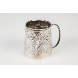 EDWARD VII EMBOSSED SILVER CHRISTENING MUG by John Round & Son Ltd, of tapering formwith foliate