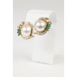 PAIR OF 18k GOLD, DIAMOND, EMERALD AND PEARL EARRINGS, each set with a large cultured half pearl