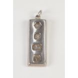 SILVER 1OZ INGOT PENDANT, with large Sheffield hallmarks for Sheffield 1978