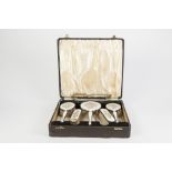 CASES SIX PIECE EDWARD VIII SILVER MOUNTED GUILLOCHE ENAMELLED HAND MIRROR AND BRUSH SET,