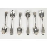 SET OF SIX VICTORIAN FIDDLE HANDLE SILVER TEA SPOONS with engraved initials E.F, makers William