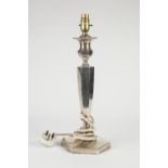 GEORGE V WEIGHTED SILVER CANDLESTICK PATTERN ELECTRIC TABLE LAMP BASE, of panelled form with urn