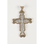 9ct GOLD OPENWORK CROSS PENDANT, with an attached white gold cross, set with white stones, 2 1/4"