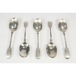 SET OF FIVE EDWARDIAN FIDDLE HANDLE DESSERT SPOONS engraved initial 'A', makers Mappin & Webb,