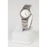 BULOVA "ACCUTRON" MID SIZE STAINLESS STEEL CASED WRIST WATCH white enamel dial with date aperture,