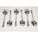 SET OF SIX GEORGE V SILVER SOUP SPOONS the single struck handles with trefoil top, makers D.F.