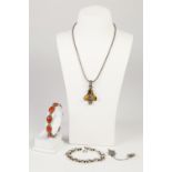 925 MAKR SILVER CRAFTS MADE PENDANT set with three oval tiger's eye stones with oval cut citrine