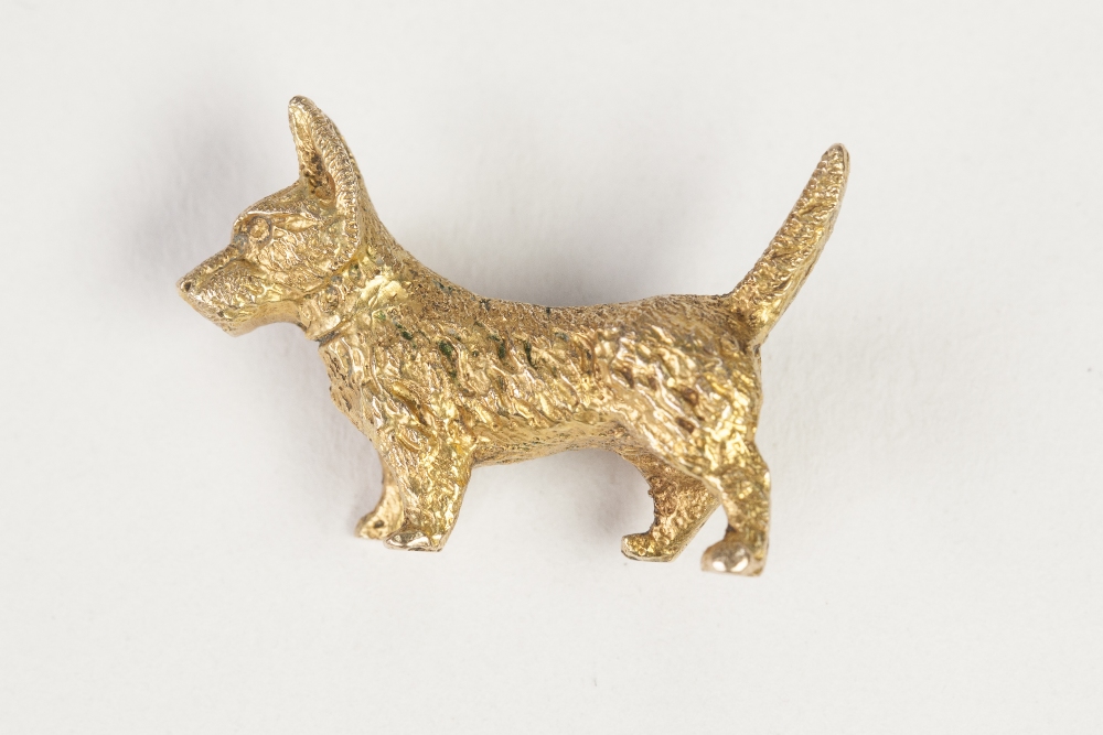 9ct GOLD BROOCH, in the form of a Scottish Terrier, 1" long, 5.3gms