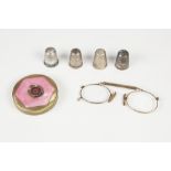 FOUR SILVER THIMBLES, pair of pince nez and a Royal Empress souvenir metal powder compact (6)