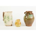 WADE HEATH PEAR PATTERN POTTERY PRESERVE JAR AND COVER, glazed in streaky tones of yellow, orange