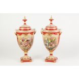 VERY FINE PAIR OF EARLY 20th CENTURY ROYAL WORCESTER PORCELAIN PEDESTAL VASES WITH COVERS, the ovoid