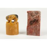 A CHINESE SOAPSTONE SQUARE SEAL, carved with a chilong, 2 1/2" (6.5cm) high, AND ANOTHER of