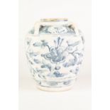 ORIENTAL BLUE AND WHITE OVERPAINTED PORCELAIN FOUR HANDLED VASE, of ovoid form with loop handles