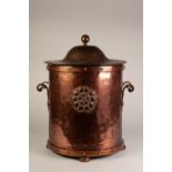 ARTS AND CRAFTS TWO HANDLED PLANISHED COPPER COAL RECEIVER WITH COVER, of cylindrical from with