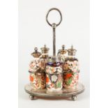 LATE NINETEENTH CENTURY DERBY CROWN PORCELAIN FIVE PIECE CONDIMENT SET WITH ELECTROPLATED MOUNTS,
