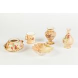 FIVE PIECES OF LATE VICTORIAN AND LATER ROYAL WORCESTER FLORAL PAINTED BLUSH CHINA, comprising: