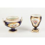 TWO EARLY TWENTIETH CENTURY ROYAL CROWN DERBY BLUE AND GILT CHINA VASES WITH FLORAL PAINTED