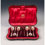 EDWARD VII CASED SET OF SIX SILVER TEA SPOONS AND MATCHING PAIR OF SUGAR TONGS BY GEORGE JACKSON &