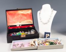 BLACK JEWELLERY BOX WITH MISCELLANEOUS TRINKETS and various boxed COSTUME JEWELLERY including a