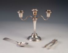 MODERN WEIGHTED SILVER TRIPLE LIGHT TWIN BRANCH CANDELABRUM, Birmingham 1968, a George III SILVER