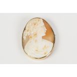 9ct GOLD MOUNTED CARVED SHELL CAMEO OVAL BROOCH of a classical female bust