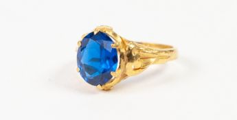 CHINESE 14k GOLD RING, set with an oval blue stone, 5.4gms, ring size 'N/O'