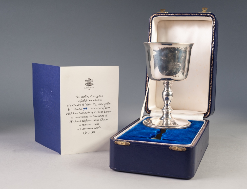 MODERN BOXED SILVER LIMITED EDITION ROYAL COMMEMORATIVE HRH PRINCE OF WALES INVESTITURE GOBLET,