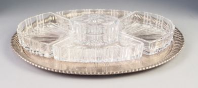 FOREIGN SILVER COLOURED METAL HORS D'OUVRES DISH, of oval form with engraved centre and gadrooned