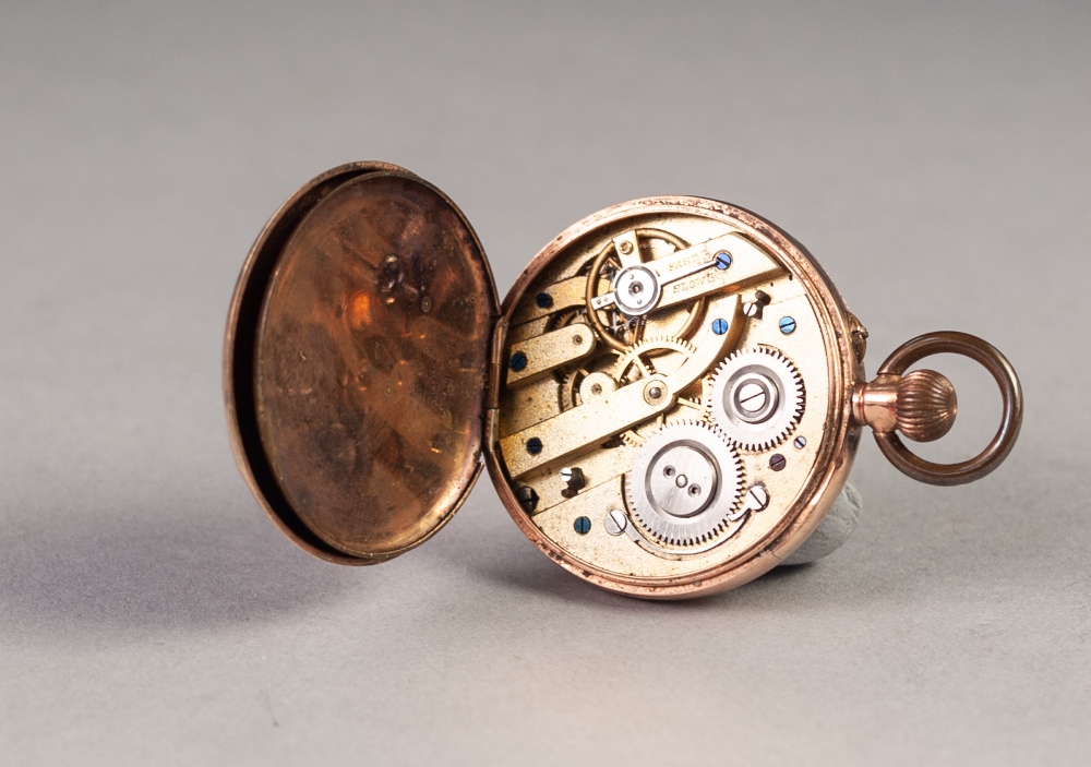 LADY'S 9ct GOLD OPEN FACED POCKET WATCH, with keyless movement, engraved gold Roman dial, floral - Image 2 of 3