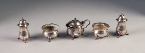 GEORGE V FIVE PIECE SILVER CONDIMENT SET BY ADIE BROTHERS, of circular form with scroll feet,