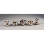 GEORGE V FIVE PIECE SILVER CONDIMENT SET BY ADIE BROTHERS, of circular form with scroll feet,